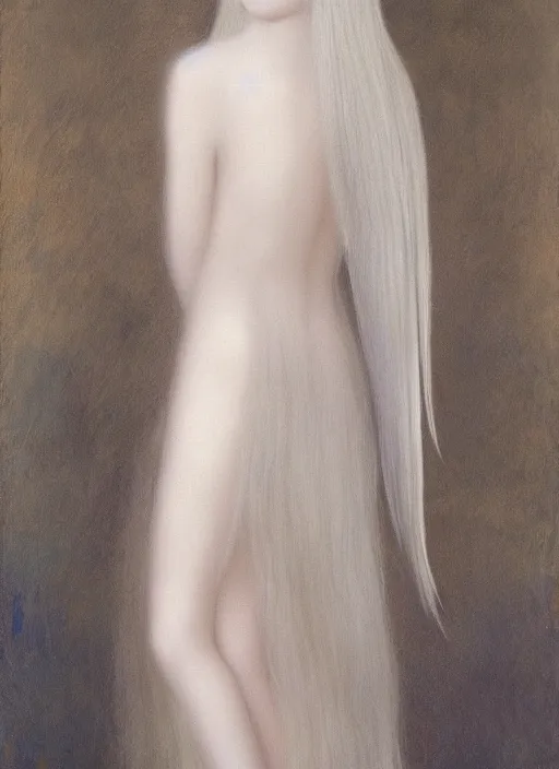 Image similar to thin young beautiful angel with silver hair so long, pale!, wearing silver hair, silver angel wings, young adorable korean face, silver hair!!, oil on canvas, style of fernand khnopff, 4 k resolution, aesthetic!,