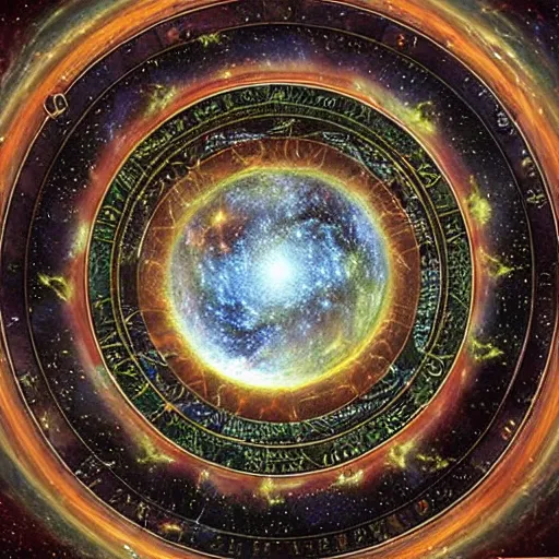 Prompt: A Sigil of Infinite Worlds. by Thomas Kinkaid. Cosmic. Galactic. Nebula. Circular.