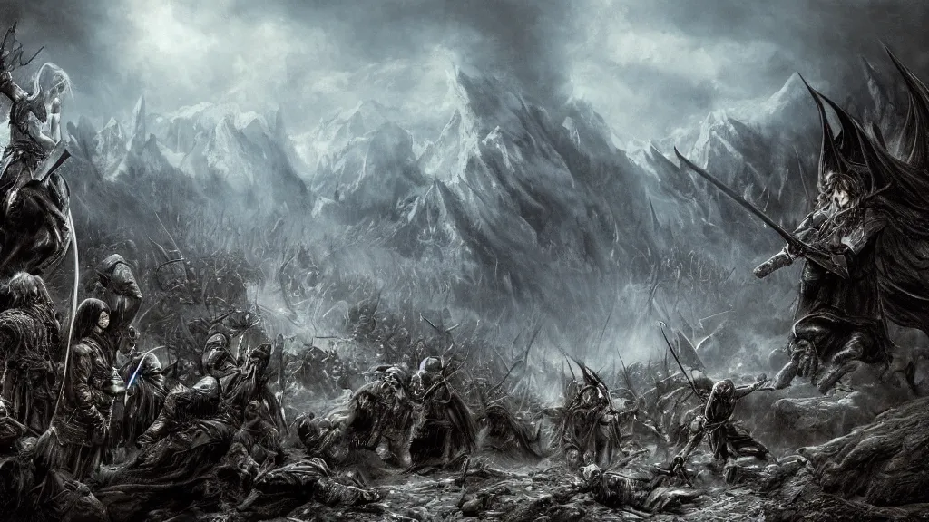 Image similar to Lord of the Rings Battlefield, dark fantasy artwork, award winning, devastated scene, studio light, artstation