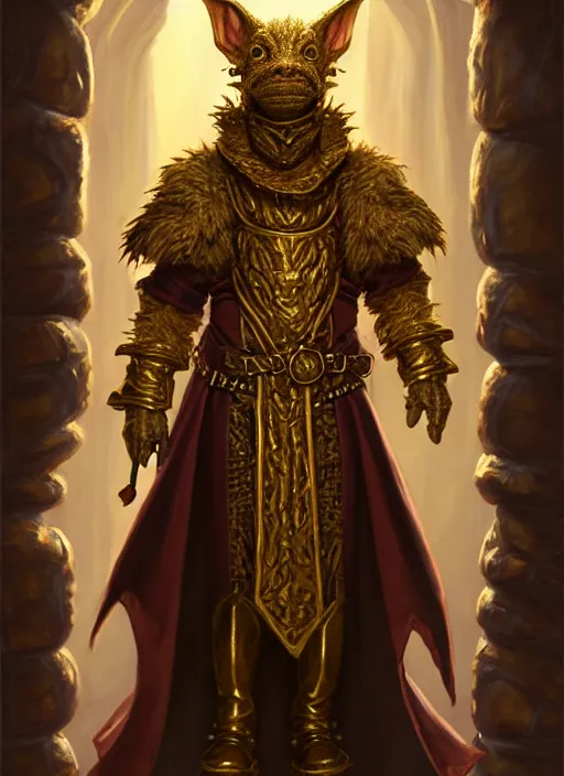 Image similar to a _ fantasy _ style _ portrait _ painting _ of a humanoid gold kobold male in wizard robes in a store selling things, oil _ painting _ unreal _ 5 _ daz. _ rpg _ portrait _ extremely _ detailed _ artgerm _ greg _ rutkowski _ greg