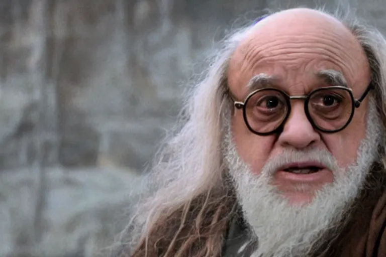 Prompt: film still of Danny DeVito as Albus Dumbledore in Harry Potter