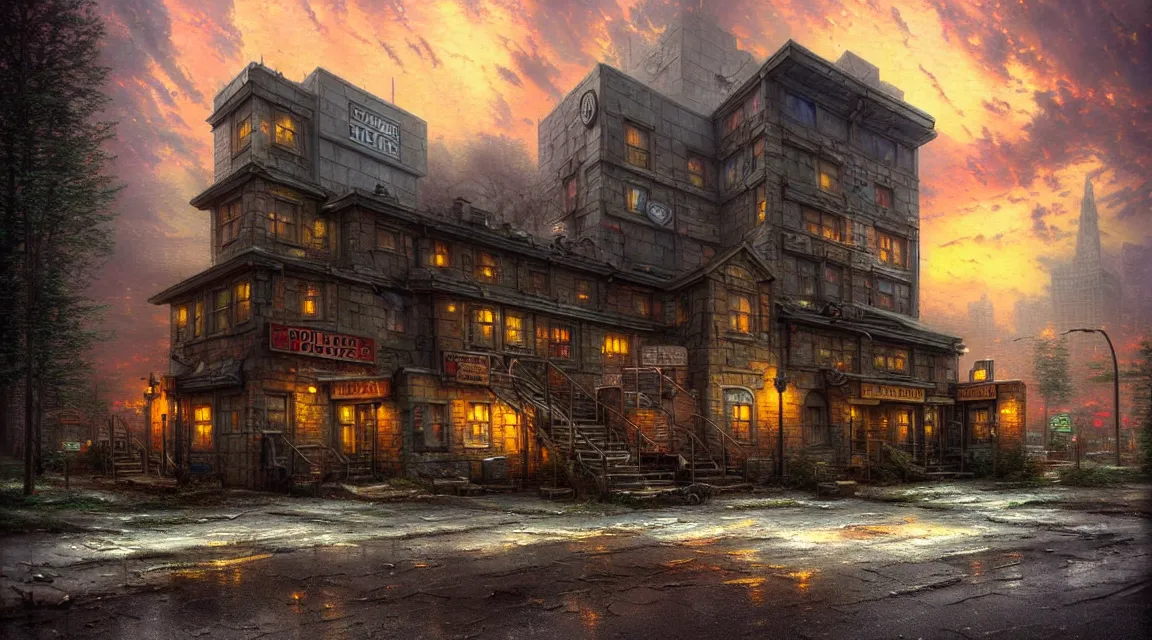 Prompt: post - apocalyptic police station, by thomas kinkade, highly detailed photography