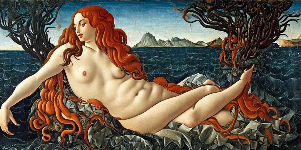 Image similar to an hyperrealistic mythological oil painting of venus with long curly brown hair, full body, wearing floral chiton, sleeping in a giant scallop shell near the seashore, intricate, elegant, renaissance style, by sandro botticelli