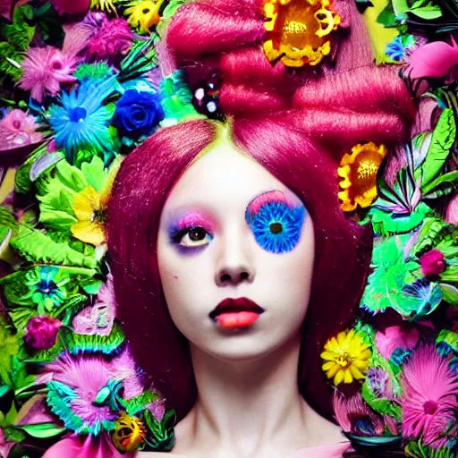 Prompt: Vibrant, cheerful stunning maximalist bio flowerpunk girl from the rainbow sky paradise, high-tech, professional high fashion model horror-themed photo shoot with a creepy, eerie vibe, hyperdetailed by Mark Ryden and artgerm and Hiroyuki-Mitsume Takahashi, 35mm macro shot, hyperrealism, 8k resolution 3D