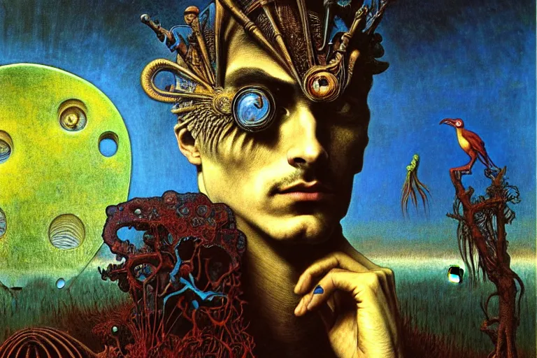 Prompt: realistic detailed portrait painting of a man with head of a bird, nightly graveyard landscape background by Max Ernst, Jean Delville, Amano, Yves Tanguy, Alphonse Mucha, Ernst Haeckel, Edward Robert Hughes, Roger Dean, masterpiece, cinematic composition, dramatic pose, 4k details, rich moody colours, blue eyes