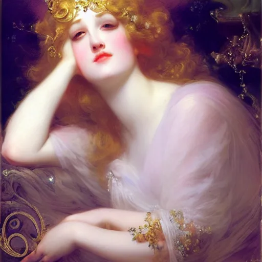 Image similar to blonde beautiful sleeping princess by Franz Xaver Winterhalter and Delphin Enjolras and Rebecca Guay