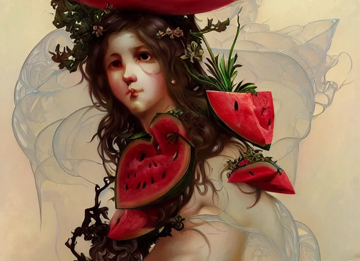 Prompt: a giant heart made of watermelon, exoskeleton, technology, chimeric, elegant, highly detailed, digital painting, artstation, concept art, smooth, sharp focus, illustration, art by krenz cushart and artem, demura and alphonse mucha