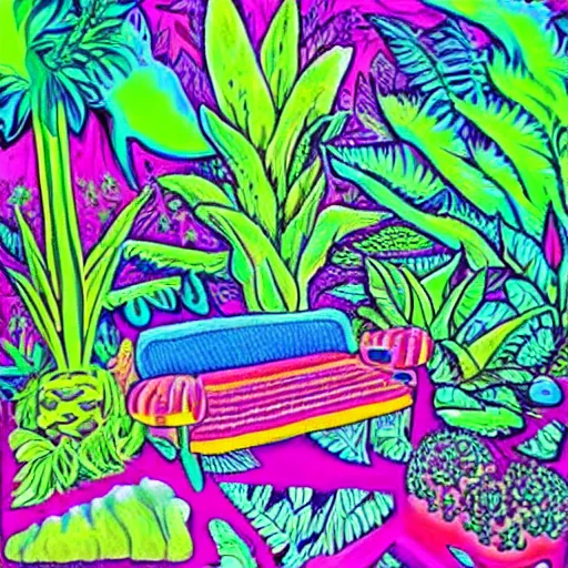 Image similar to psychedelic trippy couch in jungle, garden, hippy art, wavy, 7 0 s vibes