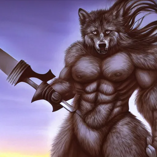 Image similar to muscular anthropomorphic gray wolf barbarian looking out into the sunset stabbing the ground with his sword while his hair blows in the wind, detailed, 4K, drawn by Yoshitaka Amano