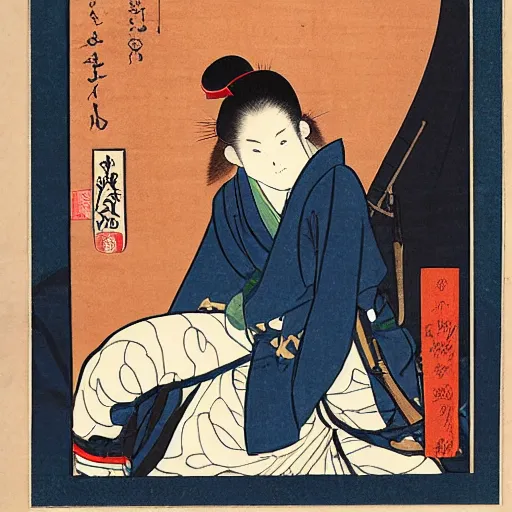 Image similar to portrait of a beautiful female ranger, upper body, ukiyo-e