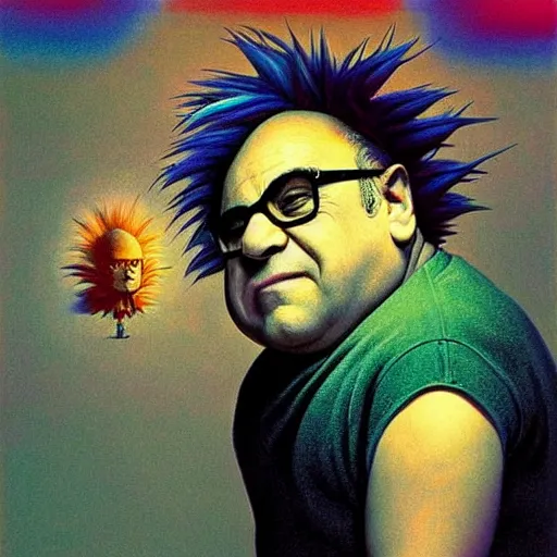 Prompt: Psychadelic Danny Devito going Super Saiyan Edward Hopper and James Gilleard, Zdzislaw Beksinski, Mark Ryden highly detailed