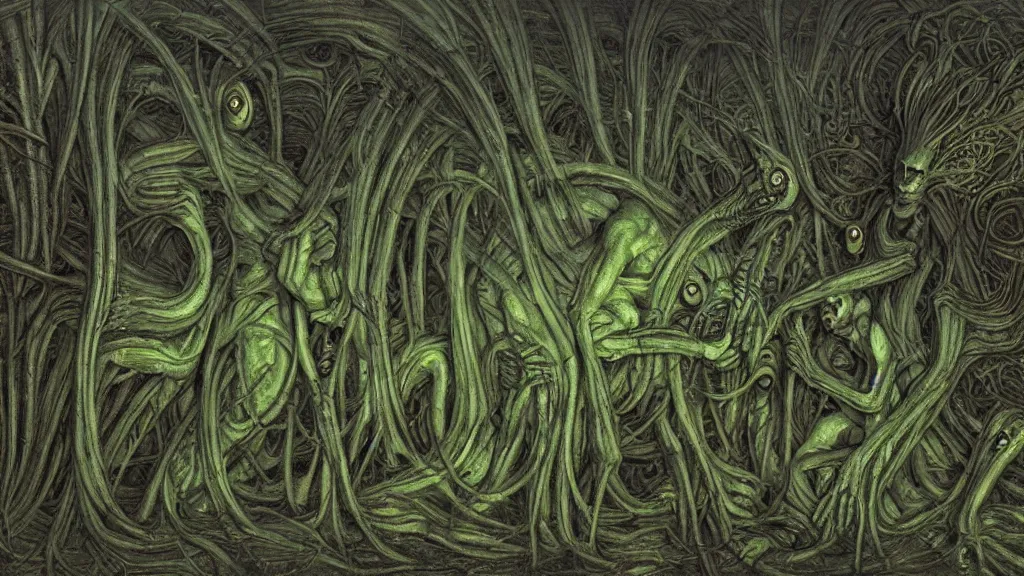 Image similar to alien cannabis landrace field in the style of H.R. Giger, Zdzislaw Beksinski and Todd McFarlane