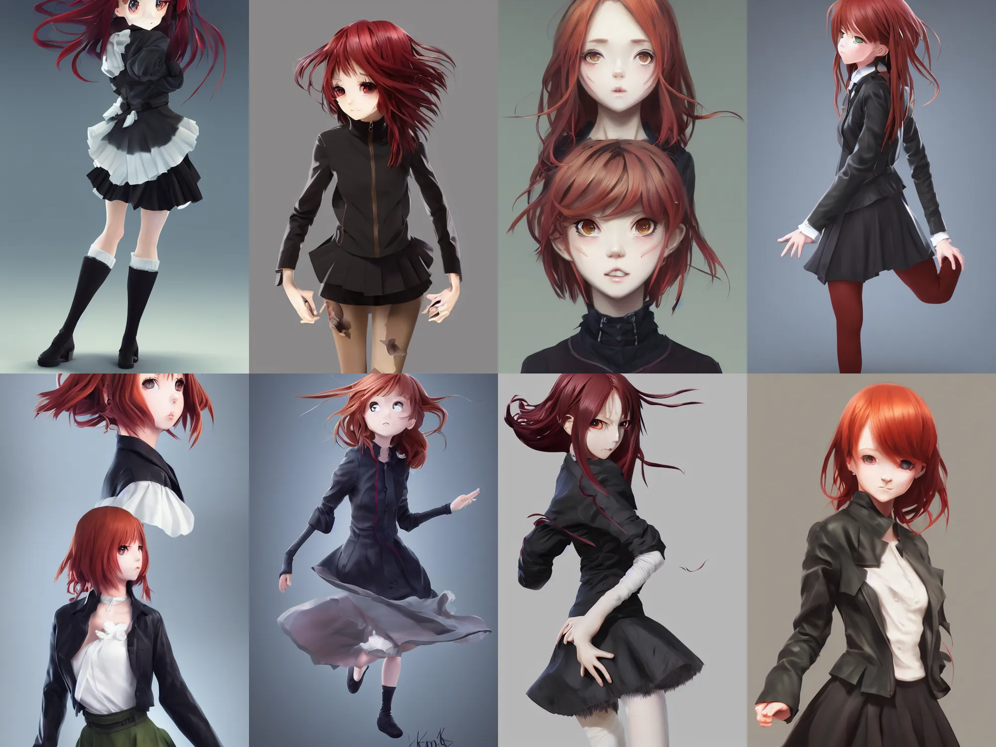 Image similar to Very complcated dynamic composition, realistic anime style at Pixiv, Zbrush sculpt colored, Octane render in Maya and Houdini VFX, young redhead girl in motion, wearing jacket and skirt, silky hair, black stunning deep eyes. By ilya kuvshinov, krenz cushart, Greg Rutkowski, trending on artstation. Amazing textured brush strokes. Cinematic dramatic soft volumetric studio lighting