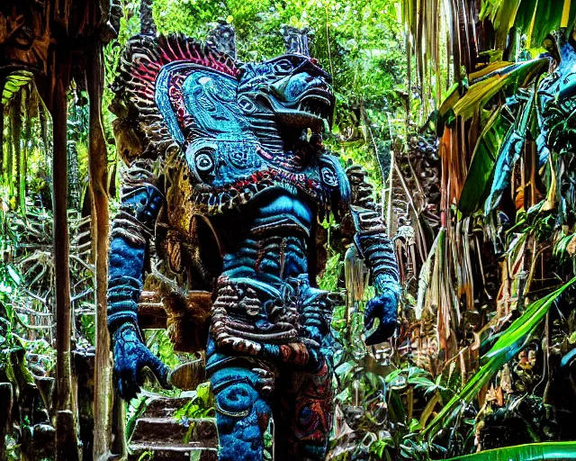 Image similar to mayan jaguar warrior exploring an alien jungle las pozas, 1 9 6 0's sci - fi, lofi technology, deep aesthetic colors, 8 k, highly ornate intricate details, extreme detail, antonin gaudi & edward james