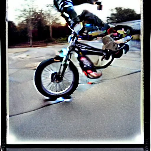 Image similar to Polaroid of Don Johnson doing a stoppie on his mongoose BMX with skyway mag wheels