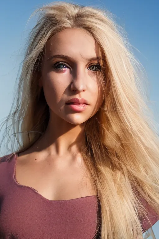 Image similar to head shot photo of a olive skinned blonde female model in her twenties, silky hair, wearing a designer top, looking content, photo realistic, extreme detail skin, natural beauty, no filter, slr, golden hour, 4 k, high definition, selfie