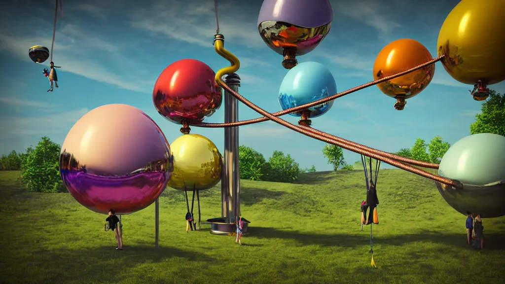 Image similar to large colorful futuristic space age metallic steampunk balloons with pipework and electrical wiring around the outside, and people on rope swings underneath, flying high over the beautiful countryside landscape, professional photography, 8 0 mm telephoto lens, realistic, detailed, digital art, unreal engine