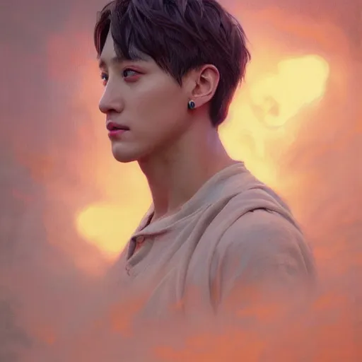 Prompt: highly detailed vfx portrait of jungkook, stephen bliss, greg rutkowski, loish, rhads, beeple, makoto shinkai, tom bagshaw, alphonse mucha, global illumination, sharp focus, art by artgerm and greg rutkowski, stanley kubrick, best of behance, cinematic lighting, intricate complexity,