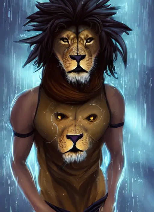 Image similar to award winning beautiful portrait commission of a male furry anthro lion fursona with a tail and a cute beautiful attractive detailed furry face wearing stylish black and gold swimming clothes in a cyberpunk beach at night while it rains. Character design by charlie bowater, ross tran, artgerm, and makoto shinkai, detailed, inked, western comic book art