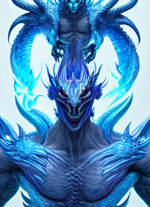 Image similar to muscular and tall blue ghostly fire humanoid dragon!!!! draconian!! intricate ornate iridescent exoesqueleton!! character concept art, sharp focus, octane render! unreal engine 5! highly rendered!! trending on artstation!! detailed linework!! illustration by artgerm, wlop, and chie yoshii