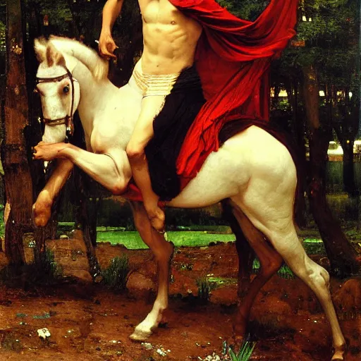 Image similar to Wikus, Centaur of the high glade. Half man half horse. Wearing Grecian armor. Orientalist portrait by john william waterhouse and Edwin Longsden Long and Theodore Ralli and Nasreddine Dinet, oil on canvas. Cinematic, hyper realism, realistic proportions, dramatic lighting, high detail 4k