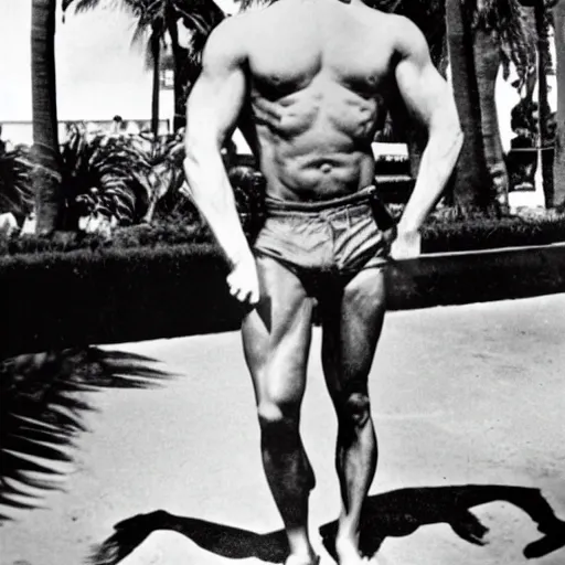 Image similar to stylish body builder hitler at miami beach