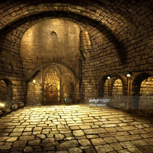 Prompt: A large dark Medieval dungeon, torture machines, stone walls and arches, wet floor, High definition, detailed,