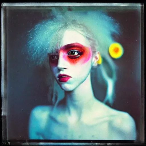 Prompt: kodak portra 4 0 0, wetplate, photo of a surreal artsy dream scene,, girl, ultra - realistic face, bright eyes, weird fashion, grotesque, extravagant dress, carneval, animal, wtf, photographed by paolo roversi style