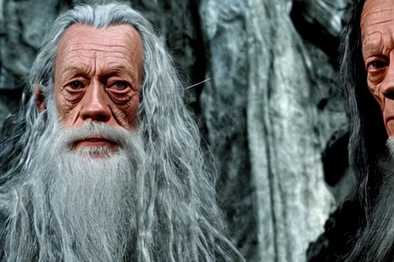 Image similar to lance henriksen as gandalf stood outside orthanc, style of h. r. giger, directed by david fincher, muted tones, detailed lance henriksen facial feature