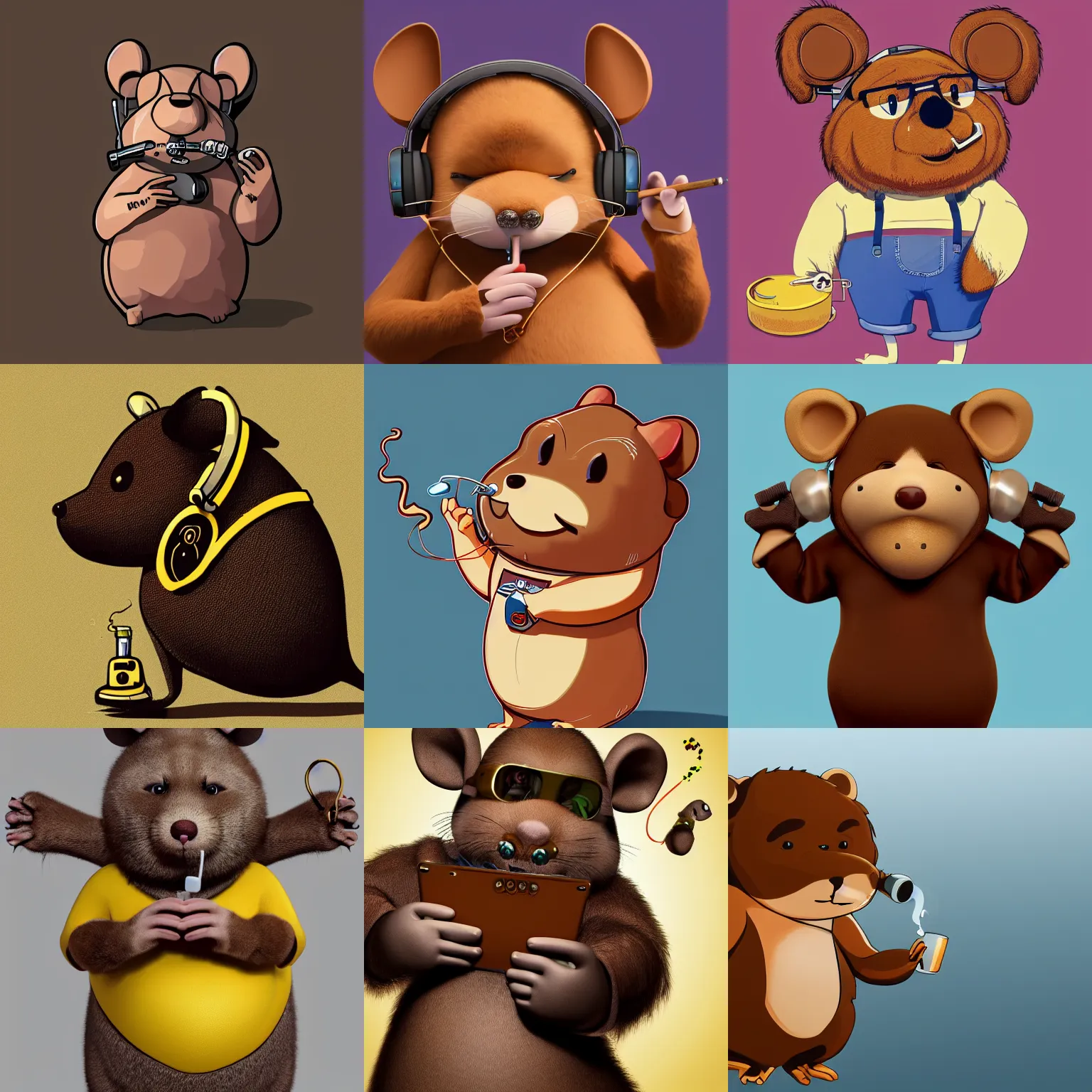 Prompt: chubby anthropomorphic rat wearing headphones, brown fur, wearing a gold chain, smoking a blunt, bad rats, anthropomorphic, blender, 4k