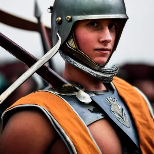 Prompt: Closeup shot of a young Spartan soldier, helmet, spear, painting, majestic art