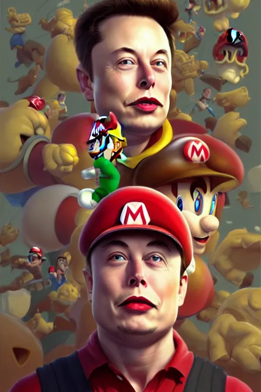 Image similar to elon musk as mario from the super mario bros, realistic portrait, symmetrical, highly detailed, digital painting, artstation, concept art, smooth, sharp focus, illustration, cinematic lighting, art by artgerm and greg rutkowski and alphonse mucha