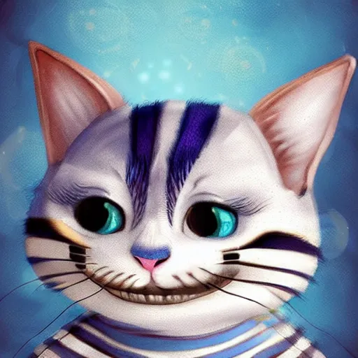 Image similar to cute blue striped cheshire cat. an adorable cat with light blue stripes, blue eyes and a mischievous smile. stunning digital art by eva balloon. fluffy, soft