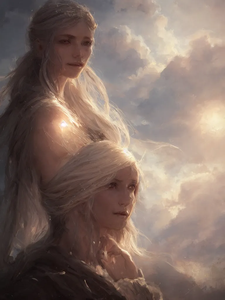 Image similar to a portrait of a beautiful hopeful lady with pretty eyes, beautiful eyes, highly detailed eyes, looking up onto the sky, light smiling, art of wlop and greg rutkowski, intricate, high details, epic fantasy art, bright light masterpiece, ray of light through white hair