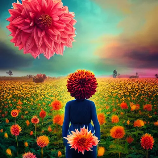 Image similar to giant dahlia flower as head, full body girl standing in a flower field, surreal photography, sunrise, dramatic light, impressionist painting, colorful clouds, digital painting, artstation, simon stalenhag