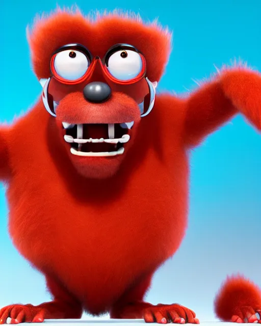 Image similar to 3 d render of completely red hairy friendly antropomorphic cartoony creature wearing chrome shades, without nose, full body, in the style of pixar, white background, unreal engine 5, octane render, highly detailed hdr