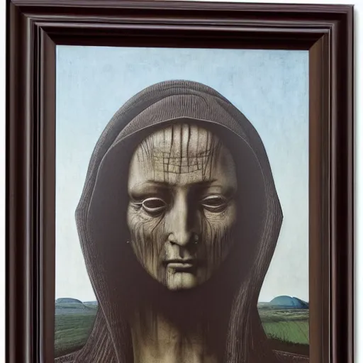 Image similar to monalisa by zdzisław beksiński, jeffrey smith and h.r. giger, oil on canvas, XF IQ4, f/1.4, ISO 200, 1/160s, 8K, RAW, unedited, symmetrical balance, in-frame