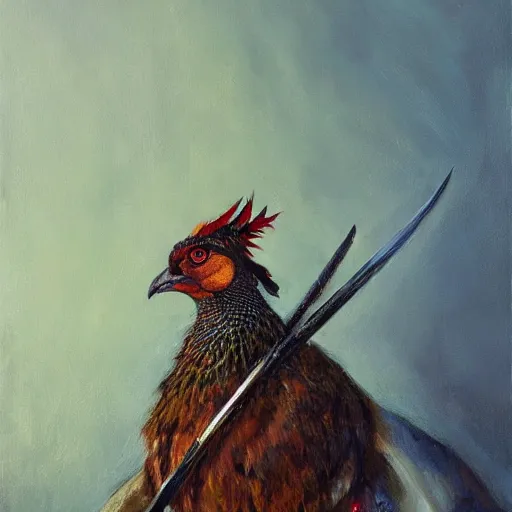 Image similar to Pheasant holding a sword, by lily seika jones , rivuletpaper art, top cinematic lighting, cinematic mood, very detailed, shot in canon, by Viktor Vasnetsov, oil painting, harsh fairy tale, soft style, hyperrealism, beautiful, high resolution, trending on artstation, steps 50