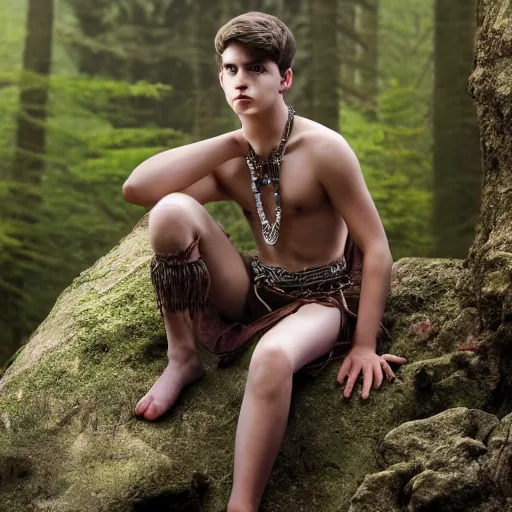 Prompt: a teenage boy, around 1 9 yo. iron necklace. natural brown hair. loincloth, pale skin. detailed face. sitting on a rock. ominous and eerie looking forest in background. natural colors. hyperrealistic photo.