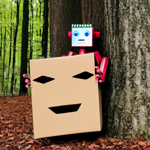 Prompt: robot made of a cardboard box, crayon face, walking through the forest