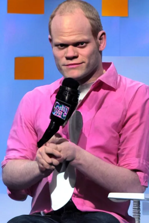 Prompt: a photo of adam sessler wearing a pretty pink dress, still from g 4 tv