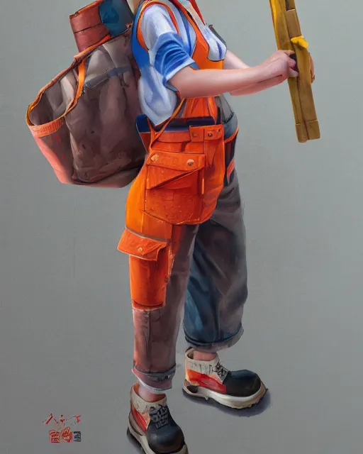 Image similar to highly detailed full body character portrait of a female red head in a construction worker costume, painting with detailed face by Hsiao-Ron Cheng, 8k, high quality, award winning masterpiece, HDR,