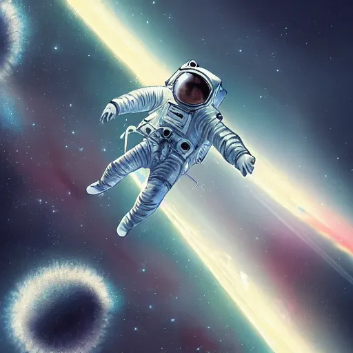 Image similar to an epic portrait of an astronaut entering macroscopic multiverse of atoms madness with a tiny macro spaceship, cinematic lighting, trending on Artstation, highly detailed, insane details