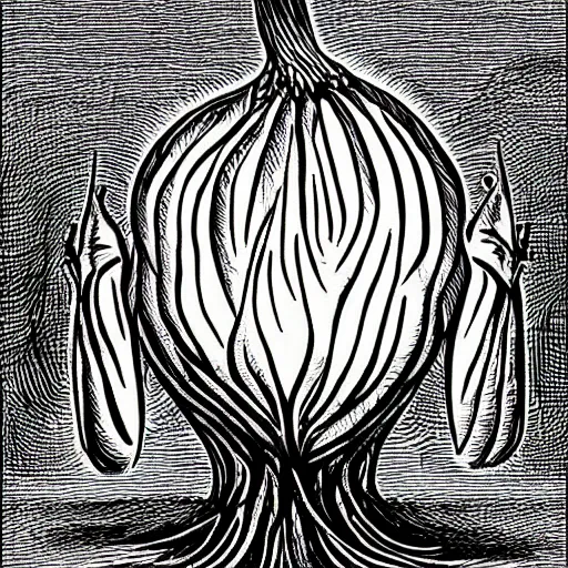 Prompt: Lovecraftian Giant Onion worshipped by a cult, digital art