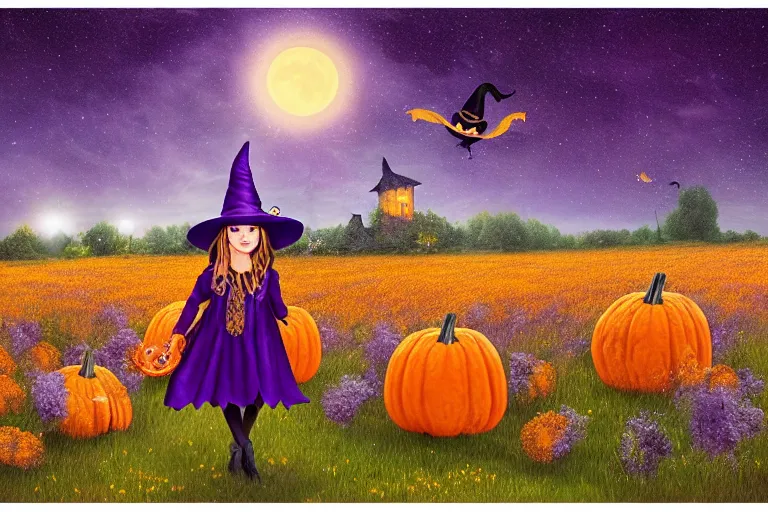 Image similar to a young witch, with a large hat covered in amethyst flowers and golden pumpkin, realistic detailed purple eyes, in a misty pumpkin field at night