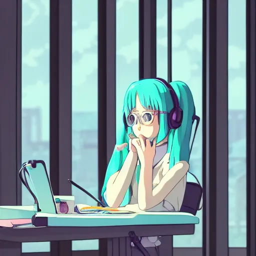 Image similar to high definition anime portrait of a pastel blue haired anime girl sitting at a desk studying with headphones on, background is a window looking out into a busy Tokyo district, lo-fi art, by Studio Ghibli, trending on artstation, sharp high quality anime, digital art, photoshop, proportionate, ambient lighting