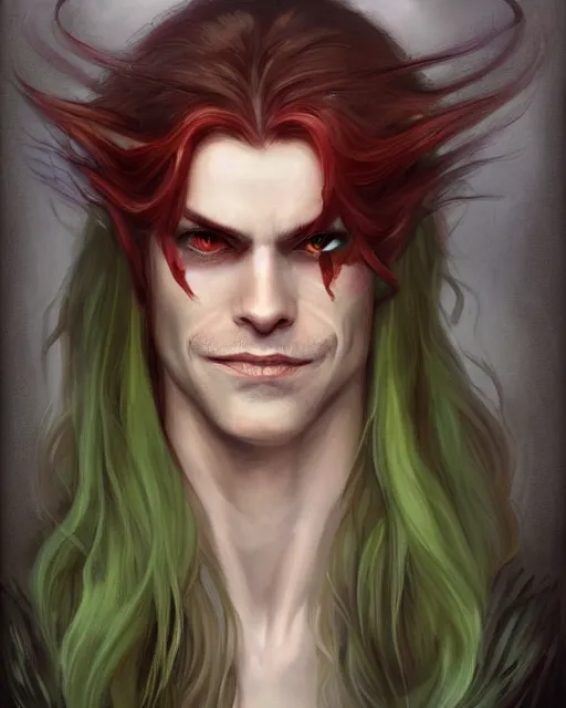 Prompt: a detailed matte oil on canvas head on symmetrical portrait of a handsome elven man grinning, with long red hair, green eyes, and an eye patch, art by charlie bowater and lise deharme wlop, trending on artstationhd, dungeons and dragons art critical role