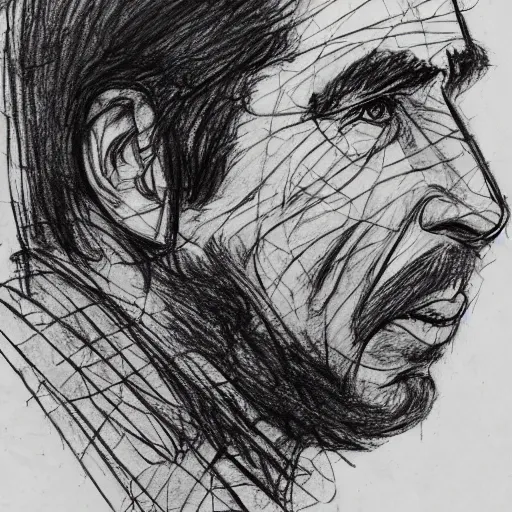 Prompt: a realistic yet scraggly portrait sketch of the side profile of a stern and sophisticated john travolta, trending on artstation, intricate details, in the style of frank auerbach, in the style of sergio aragones, in the style of martin ansin, in the style of david aja, in the style of mattias adolfsson