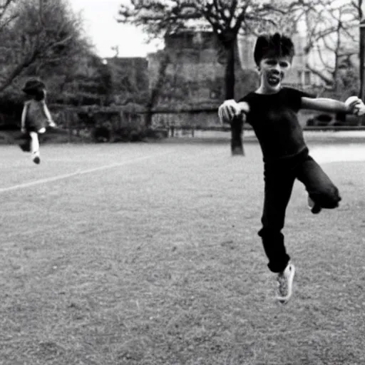 Image similar to david bowie goes skipping in a school playground