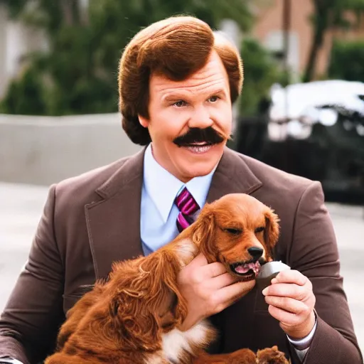 Image similar to ron burgundy smiling riding a dog and drinking chocolate yoo - hoo